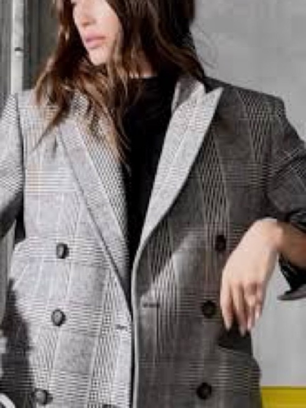 Zara black/checked oversized double-breasted structured blazer long coat XS